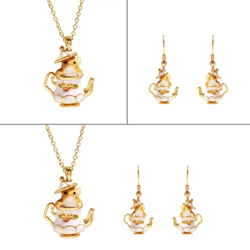 652F Funny Cartoon Chipmunk Teapot Pendant Necklace Drop Earrings Fashionable Accessories Trendy Jewelry Gift for Women