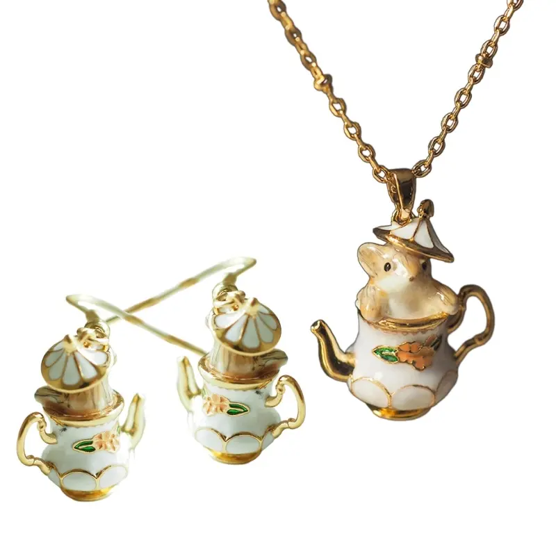 652F Funny Cartoon Chipmunk Teapot Pendant Necklace Drop Earrings Fashionable Accessories Trendy Jewelry Gift for Women