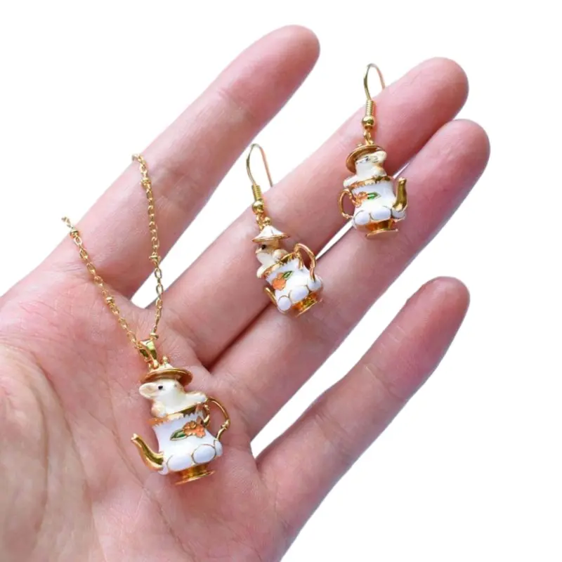 652F Funny Cartoon Chipmunk Teapot Pendant Necklace Drop Earrings Fashionable Accessories Trendy Jewelry Gift for Women