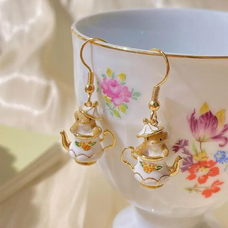 652F Funny Cartoon Chipmunk Teapot Pendant Necklace Drop Earrings Fashionable Accessories Trendy Jewelry Gift for Women