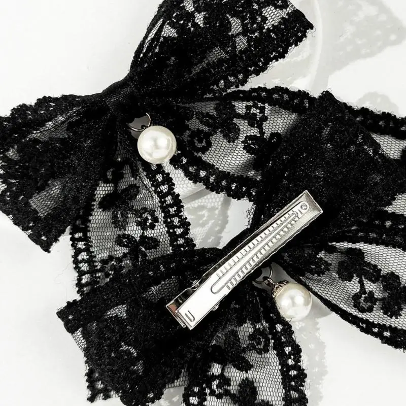 652F Lace Bows Hair Clip 2000s Trend Side Clip Bows Pearls Bowknot Balletcore Pearls Hairstyling Photo Props
