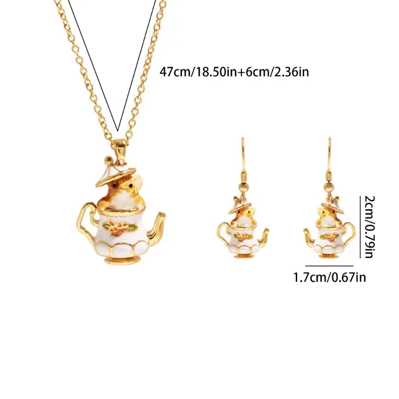 652F Funny Cartoon Chipmunk Teapot Pendant Necklace Drop Earrings Fashionable Accessories Trendy Jewelry Gift for Women