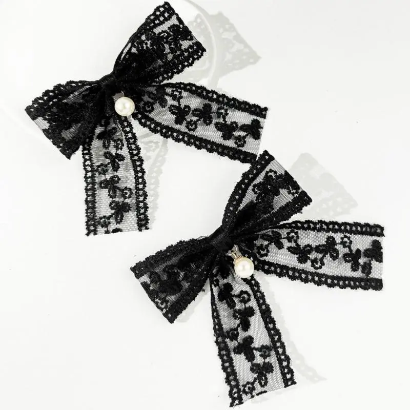 652F Lace Bows Hair Clip 2000s Trend Side Clip Bows Pearls Bowknot Balletcore Pearls Hairstyling Photo Props