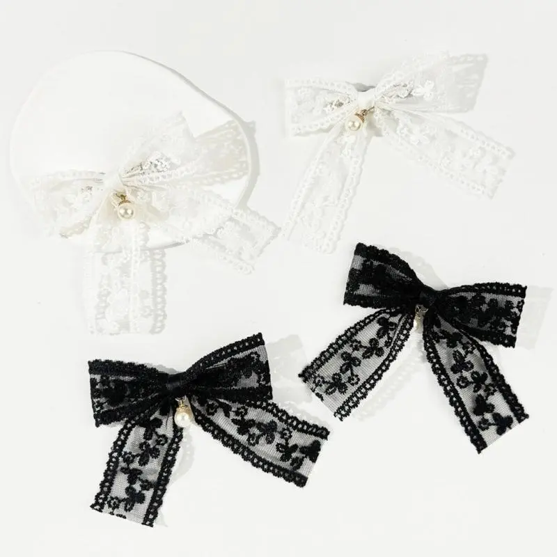 652F Lace Bows Hair Clip 2000s Trend Side Clip Bows Pearls Bowknot Balletcore Pearls Hairstyling Photo Props