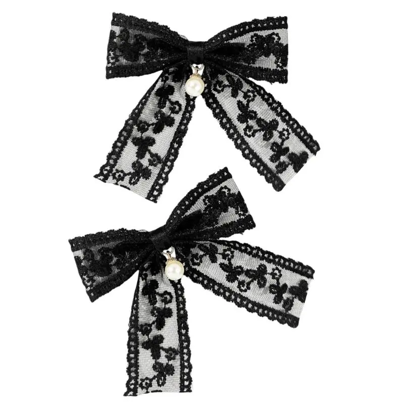 652F Lace Bows Hair Clip 2000s Trend Side Clip Bows Pearls Bowknot Balletcore Pearls Hairstyling Photo Props