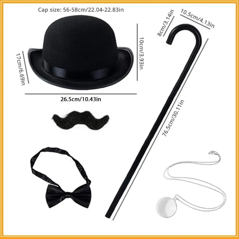 652F Rich Uncle Costume Accessories Board Game Costume Gentlemen Costume Rich Man Top Hat Necktie Monocle Cane Mustache