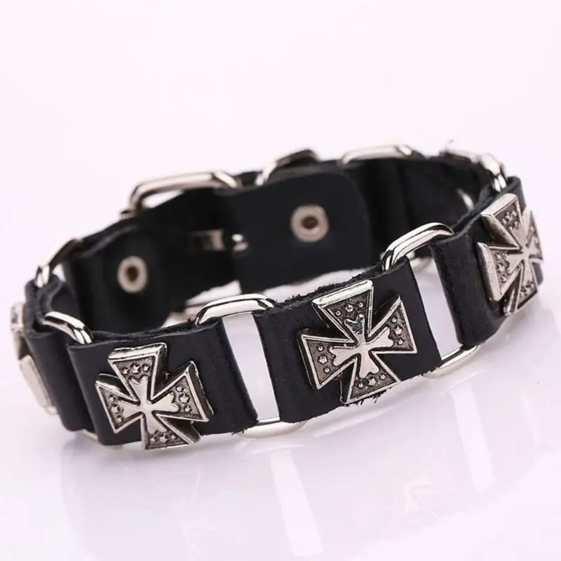 652F Men's Punk Adjustable Leather Strap Bracelet Metal for Cross Cuff Bangle Wristba