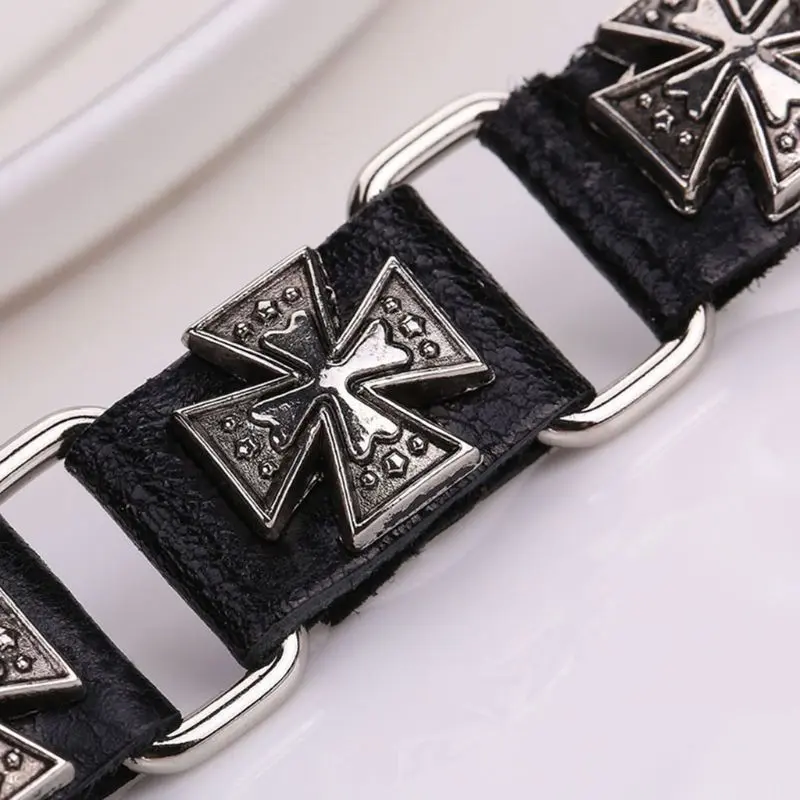 652F Men's Punk Adjustable Leather Strap Bracelet Metal for Cross Cuff Bangle Wristba