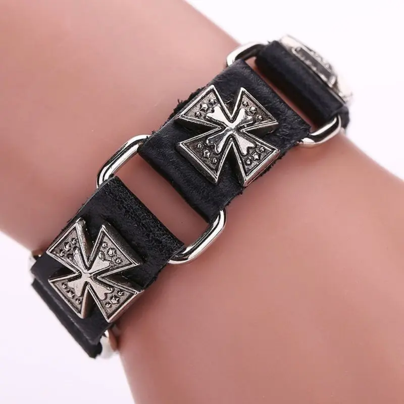 652F Men's Punk Adjustable Leather Strap Bracelet Metal for Cross Cuff Bangle Wristba