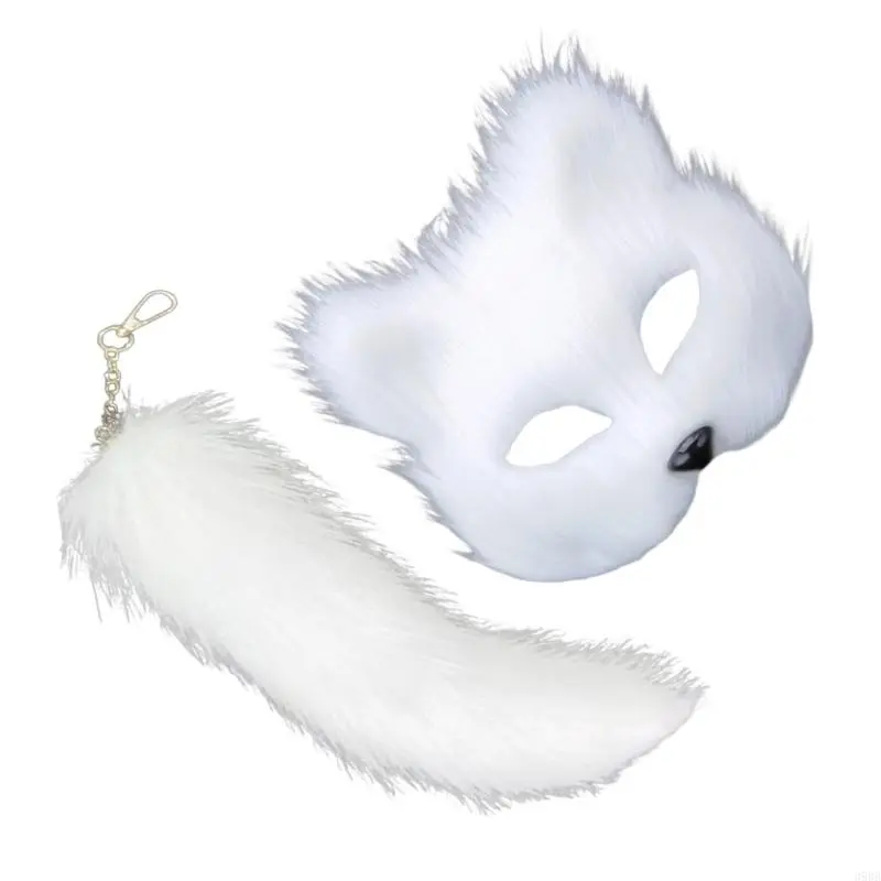 652F Therian Mask and Tail for Women Girls Fuzzy Cats Foxes Wolf Mask Tail Keychain Cosplays Halloween Costume