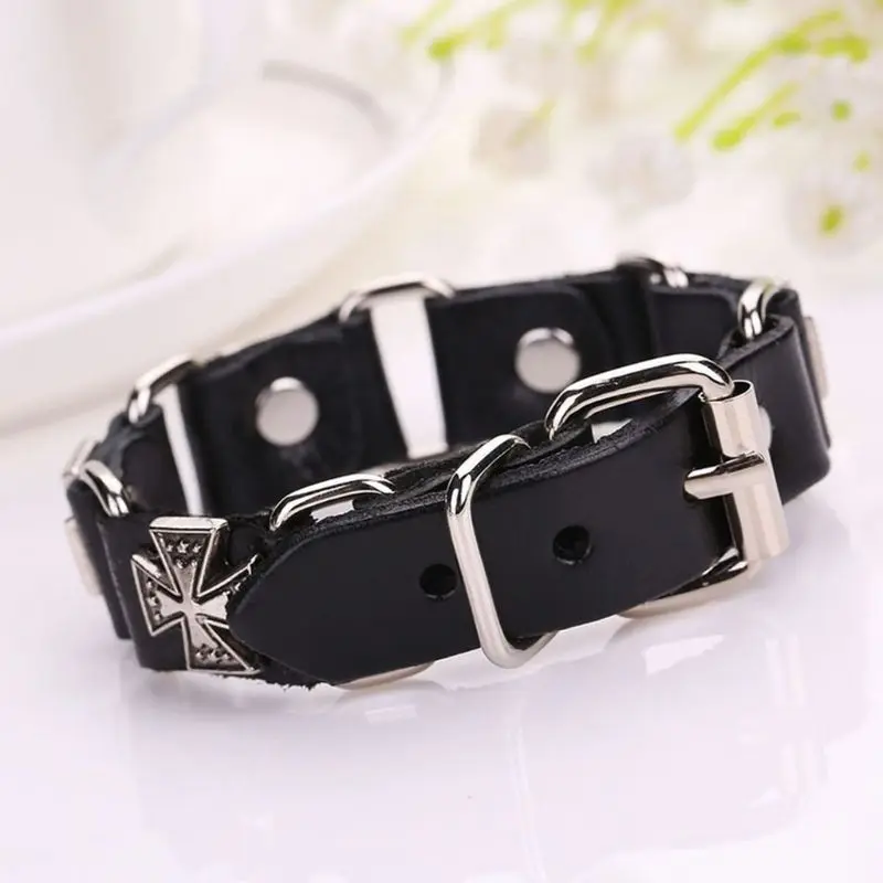 652F Men's Punk Adjustable Leather Strap Bracelet Metal for Cross Cuff Bangle Wristba