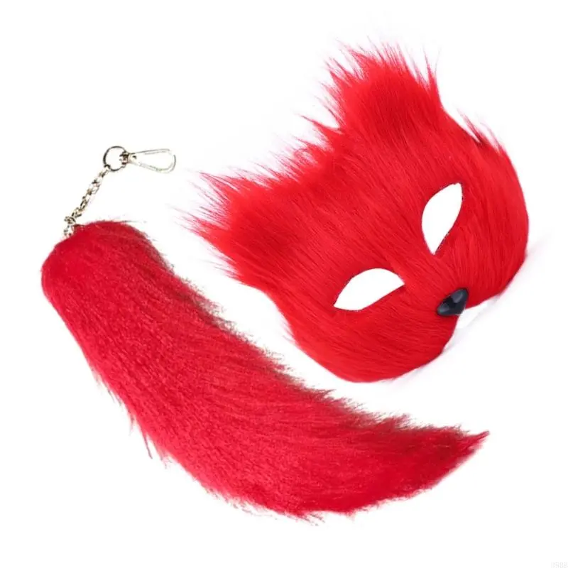 652F Therian Mask and Tail for Women Girls Fuzzy Cats Foxes Wolf Mask Tail Keychain Cosplays Halloween Costume