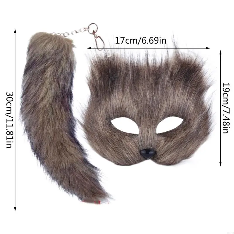 652F Therian Mask and Tail for Women Girls Fuzzy Cats Foxes Wolf Mask Tail Keychain Cosplays Halloween Costume