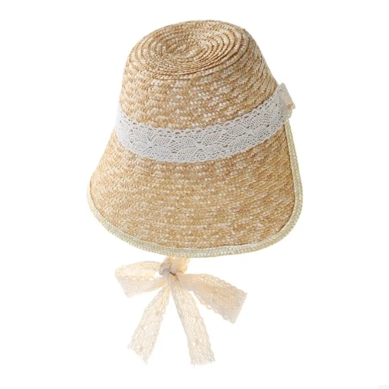 Women French Straw Hat with Laceup Neckstrap for Teens Girl Breathable Headwear LolitaStyle SummerBeach Sun