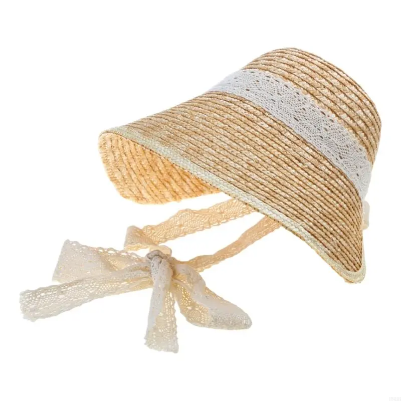 Women French Straw Hat with Laceup Neckstrap for Teens Girl Breathable Headwear LolitaStyle SummerBeach Sun
