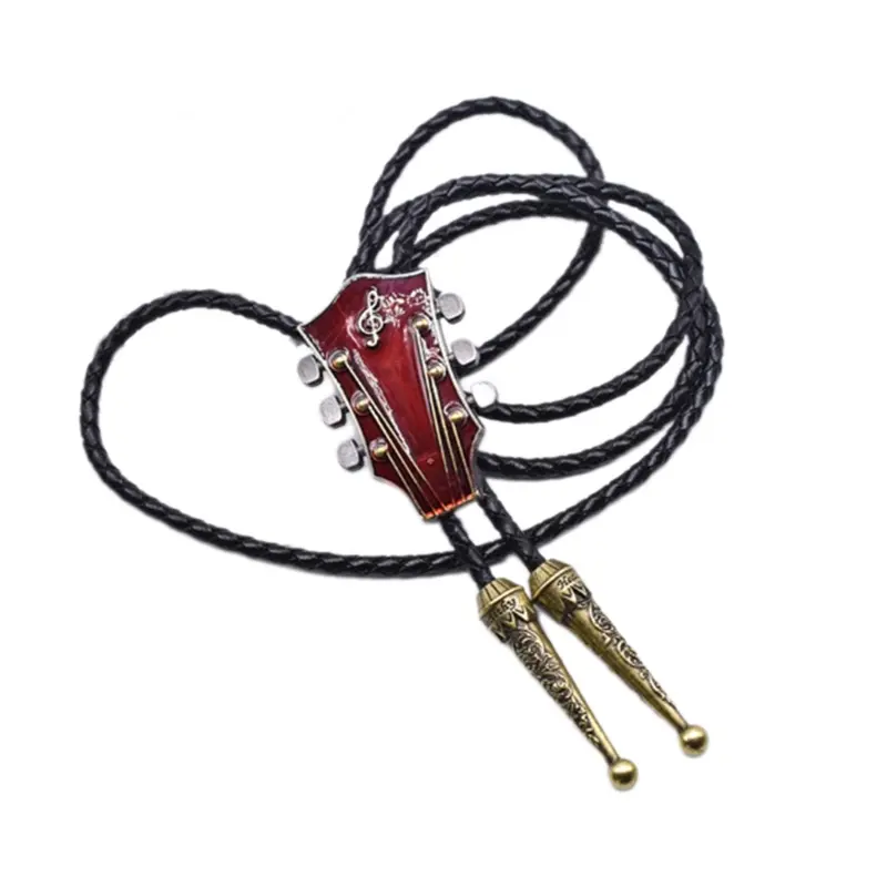 652F Enamel Guitar Pendant Western Cowboy Bolo Tie Unisex Leather Rope Necktie Necklace Shirt Collar Chain Jewelry Neckwear