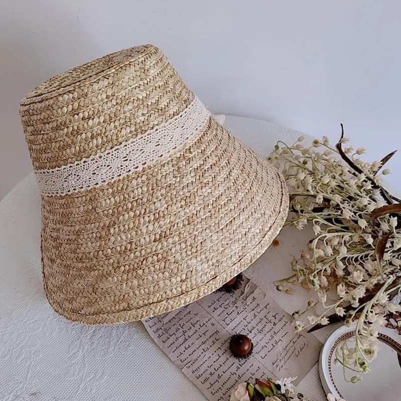 Women French Straw Hat with Laceup Neckstrap for Teens Girl Breathable Headwear LolitaStyle SummerBeach Sun