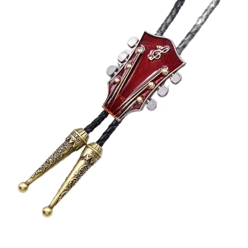 652F Enamel Guitar Pendant Western Cowboy Bolo Tie Unisex Leather Rope Necktie Necklace Shirt Collar Chain Jewelry Neckwear
