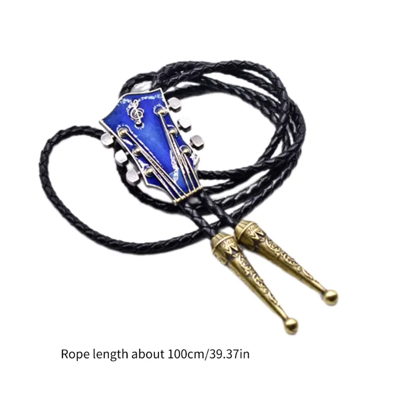 652F Enamel Guitar Pendant Western Cowboy Bolo Tie Unisex Leather Rope Necktie Necklace Shirt Collar Chain Jewelry Neckwear