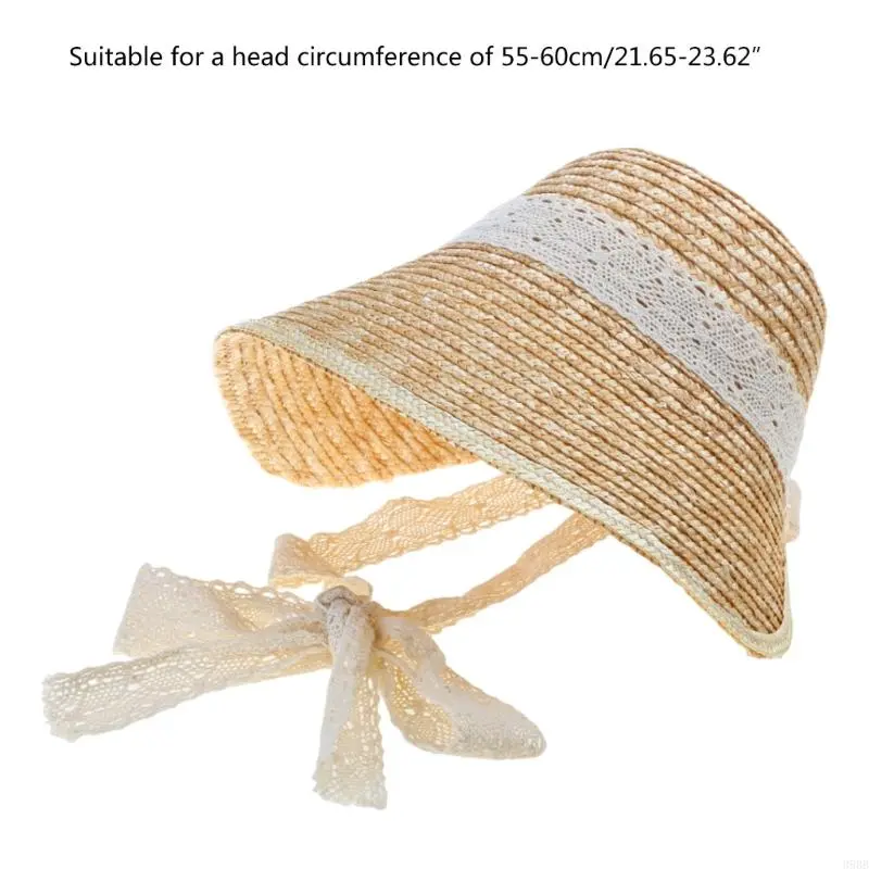 Women French Straw Hat with Laceup Neckstrap for Teens Girl Breathable Headwear LolitaStyle SummerBeach Sun