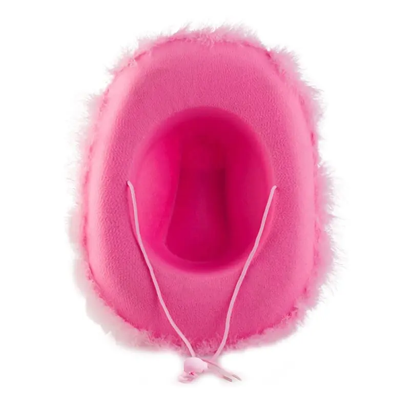 652F Casual Pink Cowgirl Hat Western Cowboy Hat Fluffy Feather Brim Cowboy Hat All-match for Themed Birthday Party Photo Prop