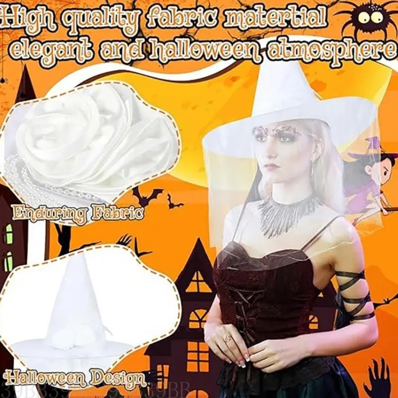 39BB Scary Halloween Bride Witch Hat Funny Ghosted Bride Cosplay Party Headwear Wizard Hat Funny White Halloween Dress Up
