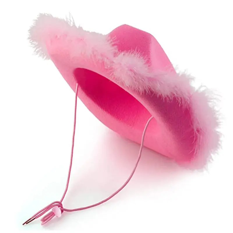 652F Casual Pink Cowgirl Hat Western Cowboy Hat Fluffy Feather Brim Cowboy Hat All-match for Themed Birthday Party Photo Prop