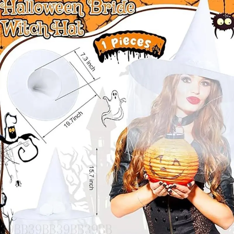 39BB Scary Halloween Bride Witch Hat Funny Ghosted Bride Cosplay Party Headwear Wizard Hat Funny White Halloween Dress Up