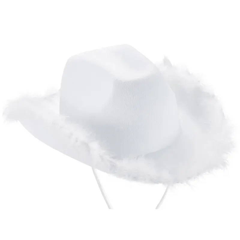 652F Casual Pink Cowgirl Hat Western Cowboy Hat Fluffy Feather Brim Cowboy Hat All-match for Themed Birthday Party Photo Prop