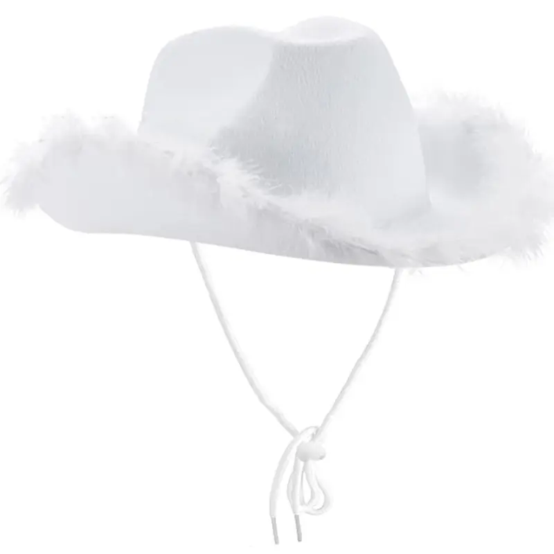 652F Casual Pink Cowgirl Hat Western Cowboy Hat Fluffy Feather Brim Cowboy Hat All-match for Themed Birthday Party Photo Prop