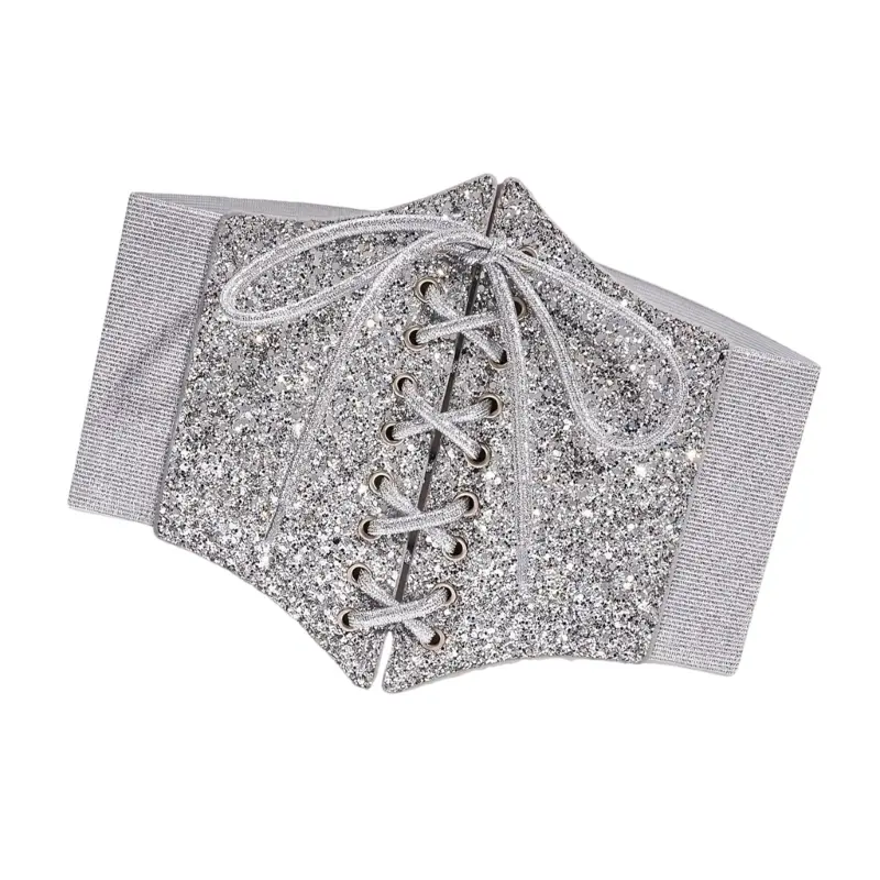 652F Waist Belt Underbust Glitter Corset Grunge Chain Costume Belt for Wrap Dress Waist Belt for Suit Skirt Jeans Jewelry