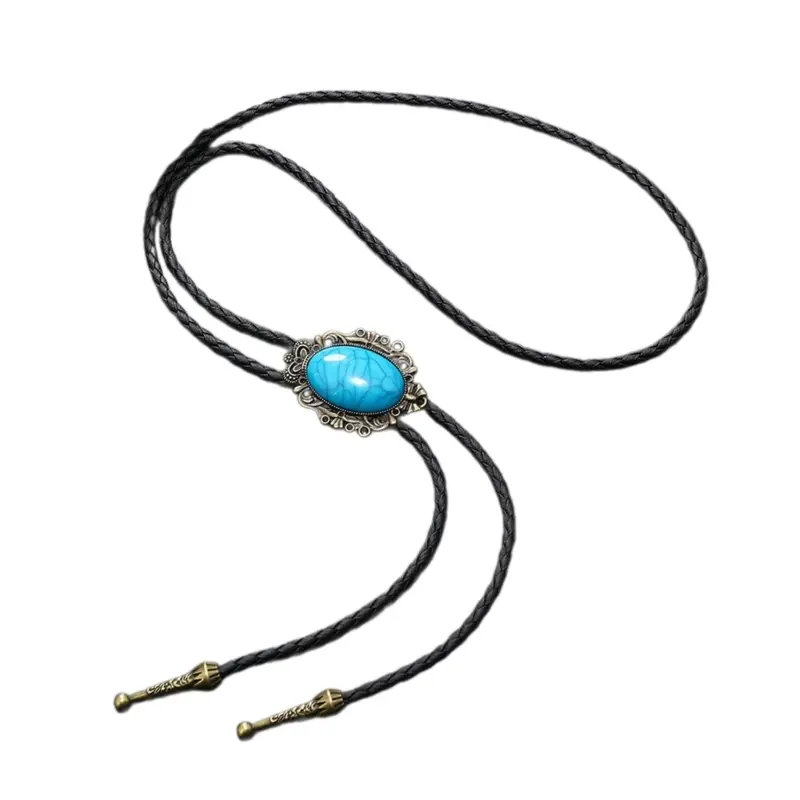 652F PU Bolo Tie for Men Cowboy Bolo Tie Necktie Collar Pendant Western Turquoise Necklace for Teens Cowboy Rodeos Accessory