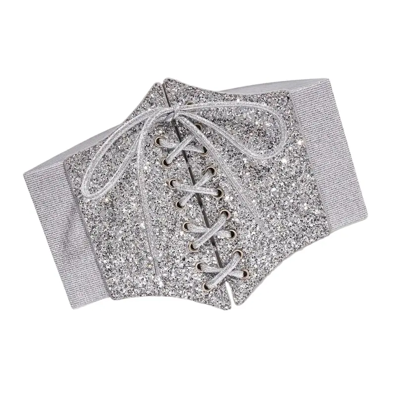 652F Waist Belt Underbust Glitter Corset Grunge Chain Costume Belt for Wrap Dress Waist Belt for Suit Skirt Jeans Jewelry