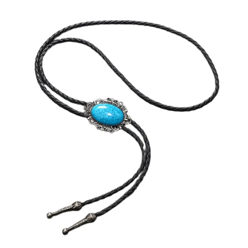 652F PU Bolo Tie for Men Cowboy Bolo Tie Necktie Collar Pendant Western Turquoise Necklace for Teens Cowboy Rodeos Accessory