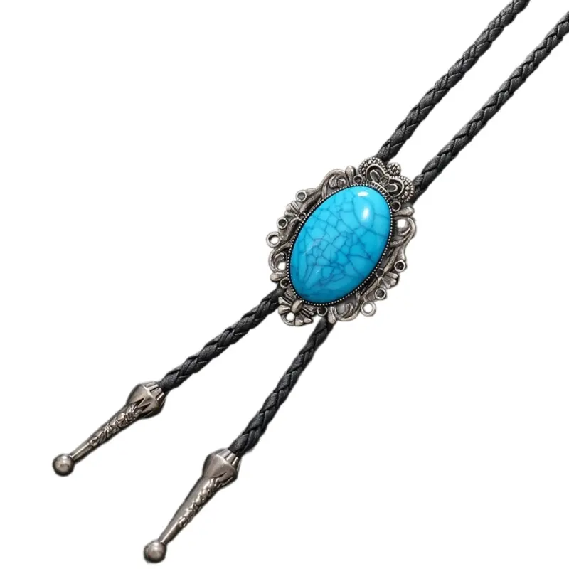 652F PU Bolo Tie for Men Cowboy Bolo Tie Necktie Collar Pendant Western Turquoise Necklace for Teens Cowboy Rodeos Accessory
