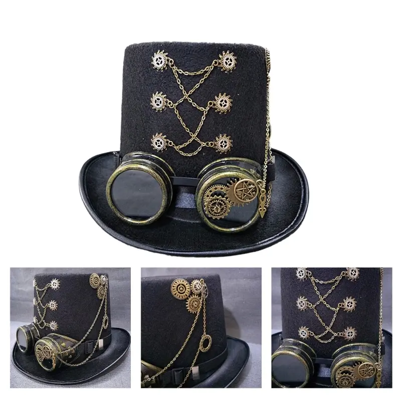 652F Victorian Steampunk Top Hat with Goggles Vintage Accessories Set for Adult Halloween Dress Up Magician Hat