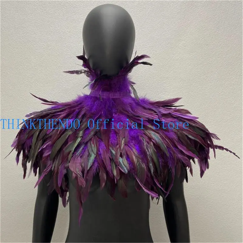 652F Adults Halloween Feathers Cloak Cosplay Costume Gothic Cape Shawl Female Universal Neck Scarf Festival Neckwear