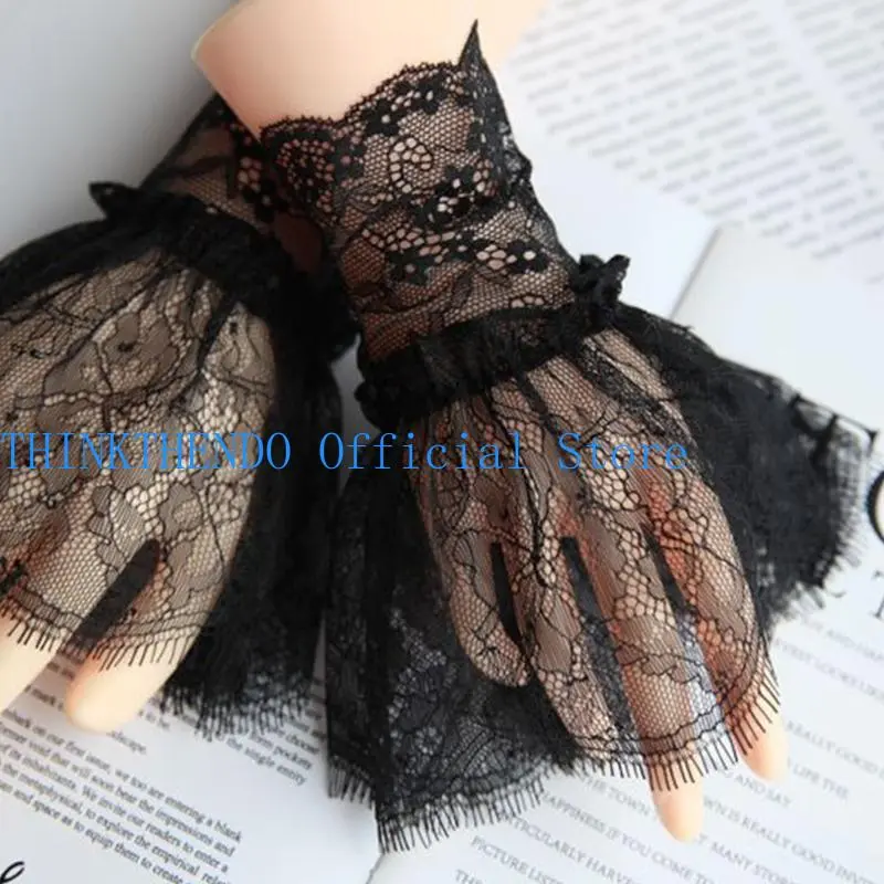 39BB Women Lace Gloves with Short Tassels Fingerless for Driving Wedding Prom Gloves