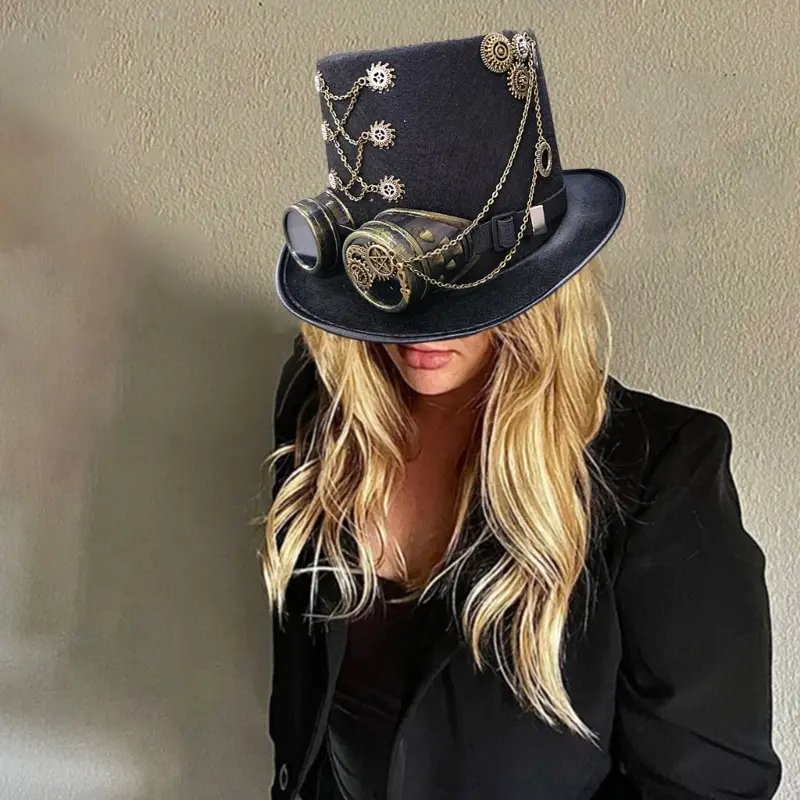 652F Victorian Steampunk Top Hat with Goggles Vintage Accessories Set for Adult Halloween Dress Up Magician Hat
