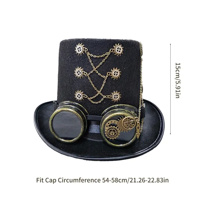 652F Victorian Steampunk Top Hat with Goggles Vintage Accessories Set for Adult Halloween Dress Up Magician Hat
