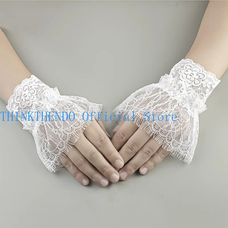 39BB Women Lace Gloves with Short Tassels Fingerless for Driving Wedding Prom Gloves
