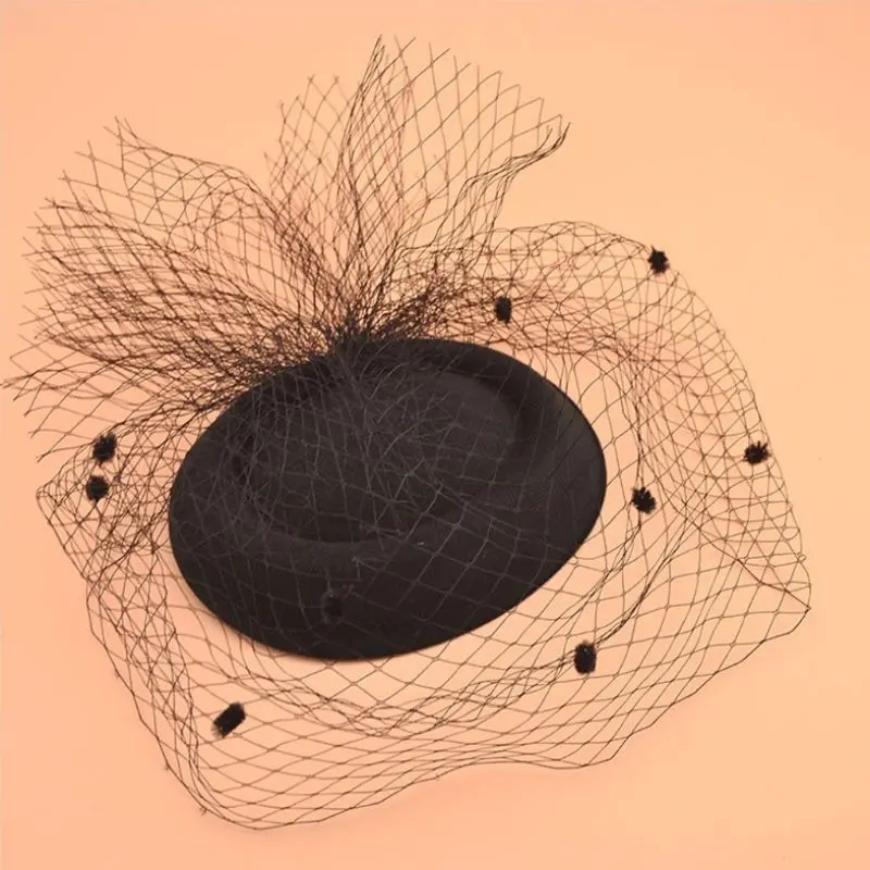 652F Hair Accessories Fashion Sexy Women Fascinator Cocktail Tea Party Hat Wedding Church Headwear with Mesh Veil Plush Dots