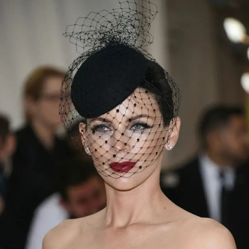 652F Hair Accessories Fashion Sexy Women Fascinator Cocktail Tea Party Hat Wedding Church Headwear with Mesh Veil Plush Dots