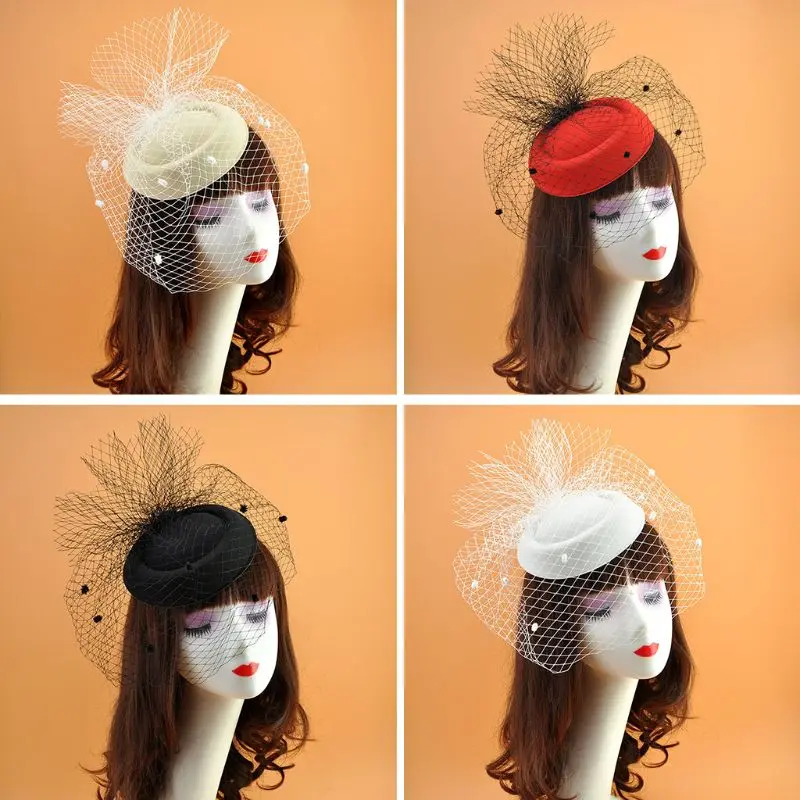 652F Hair Accessories Fashion Sexy Women Fascinator Cocktail Tea Party Hat Wedding Church Headwear with Mesh Veil Plush Dots