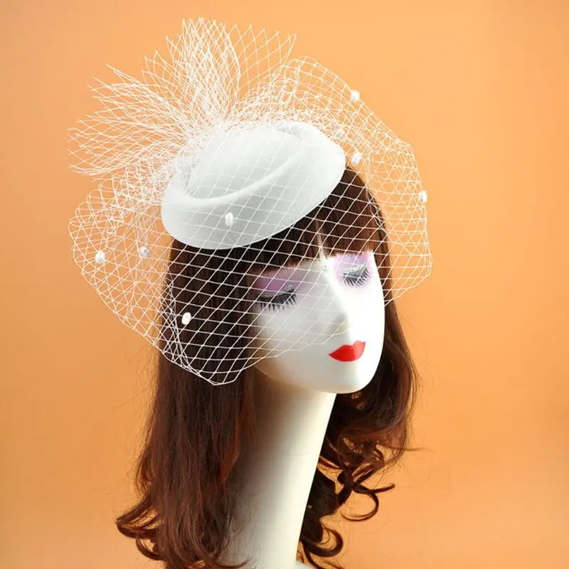 652F Hair Accessories Fashion Sexy Women Fascinator Cocktail Tea Party Hat Wedding Church Headwear with Mesh Veil Plush Dots