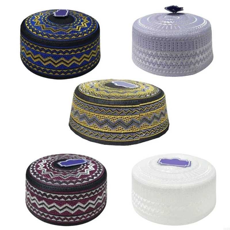 39BB Embroidery Emboss Turban Hat for Men Breathable Islamic Kufi Prayer Hat EID Ramadan Hijabs Beanies Caps Arabian Skull Hat
