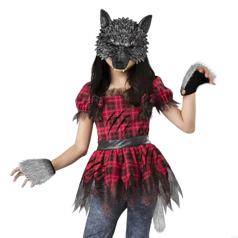 39BB 2/3Pcs Wolf Costume Set Wolf Tail Wolf Mask Gloves Set Halloween Christmas Fancy Party Costume Toys Animal Cosplay Props