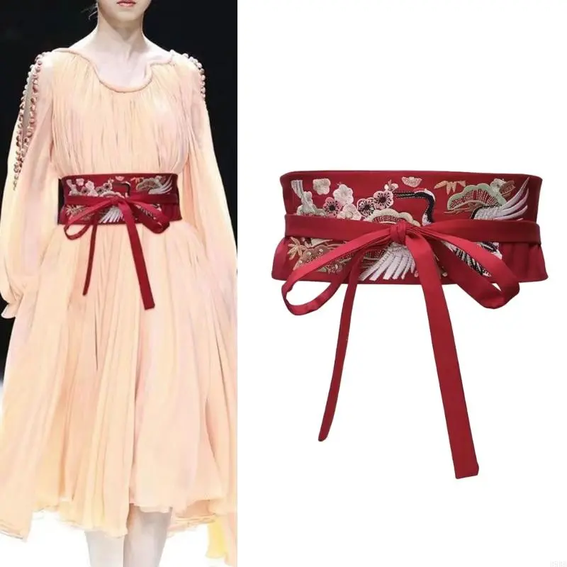 Vintage Waistband Embroidery Crane Elegant Chinese Belt with Tassels Accessory for Han