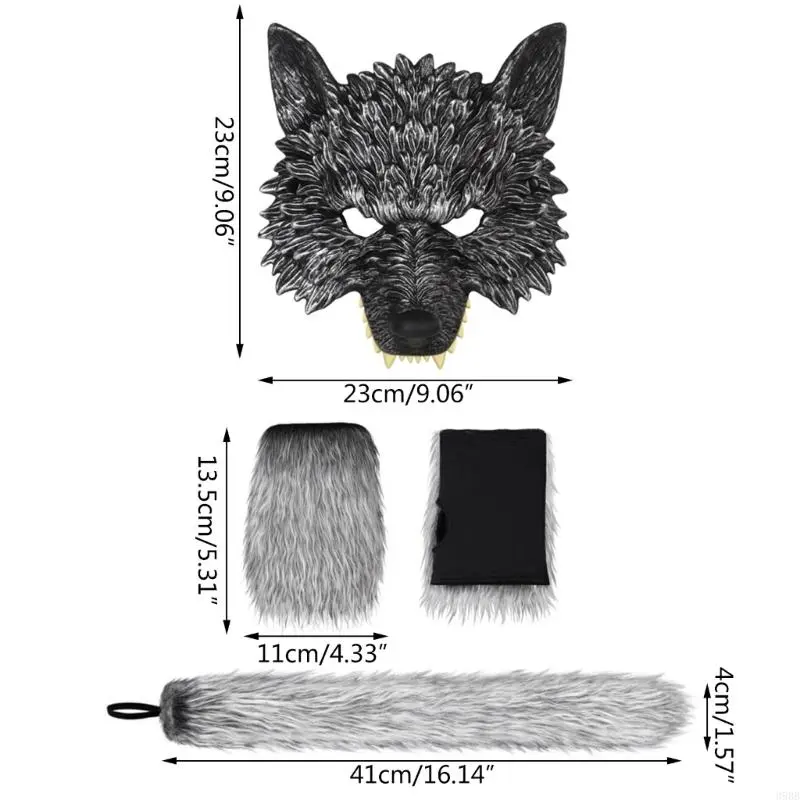 39BB 2/3Pcs Wolf Costume Set Wolf Tail Wolf Mask Gloves Set Halloween Christmas Fancy Party Costume Toys Animal Cosplay Props