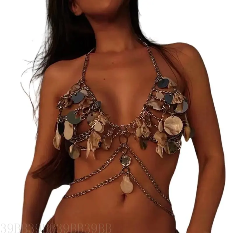 39BB Eye Catching Acrylic Sequins And Shell Body Chain Necklace Fashion Body Jewelry Bra Chest Chain For Stylish Women